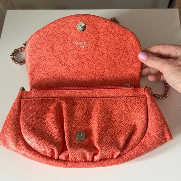 🍑Chanel Half Moon Wallet on Chain Crossbody Orange Leather Silver Hardware - Picture 8 of 15